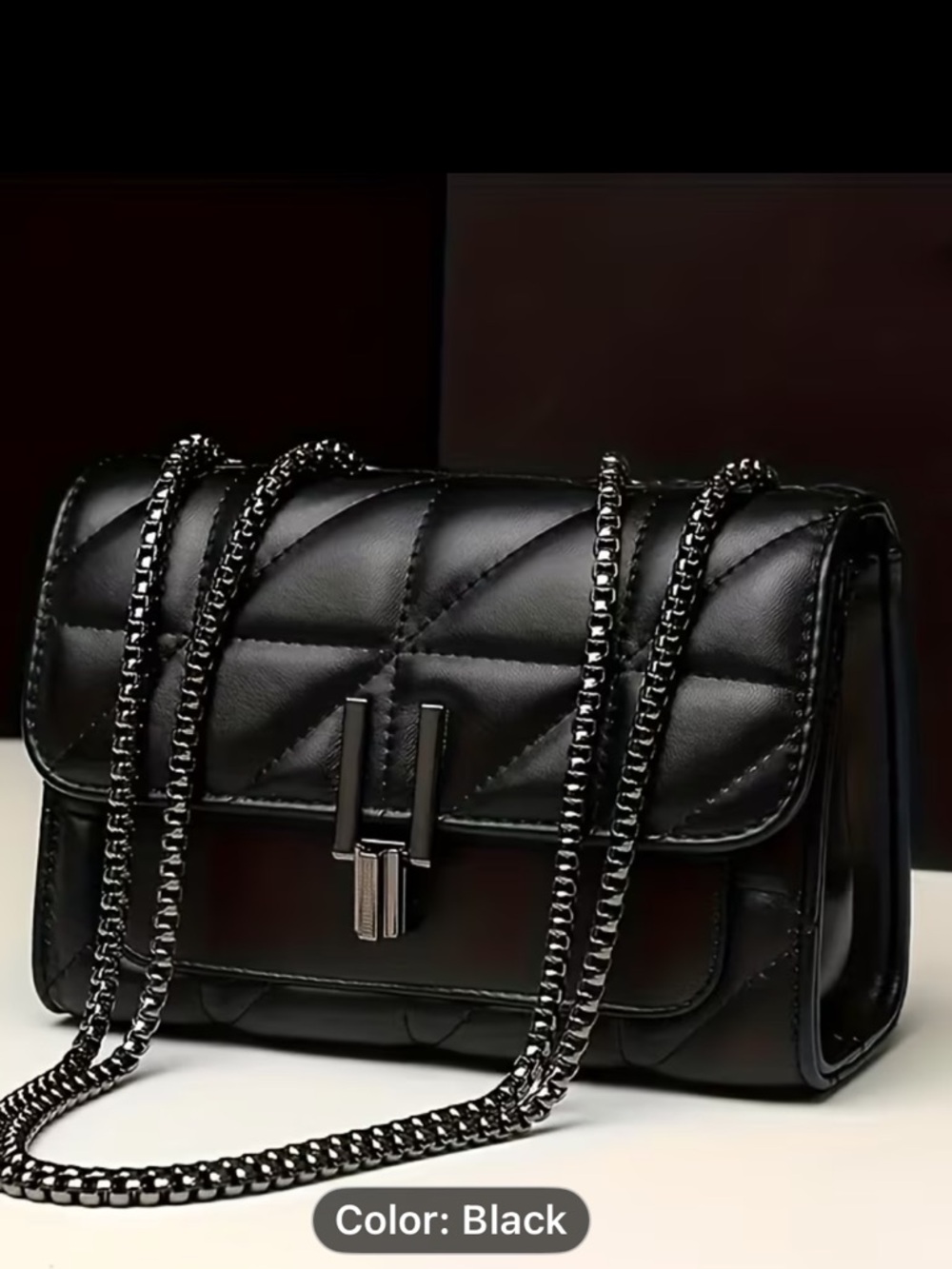 Quilted Black Chain Crossbody Bag - Unbranded